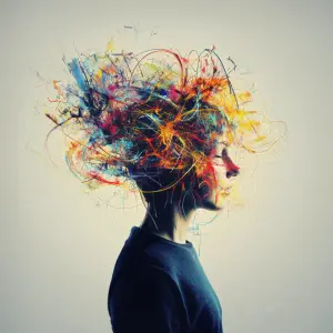 Illustrasjon av et menneske med mange tanker i hodet 